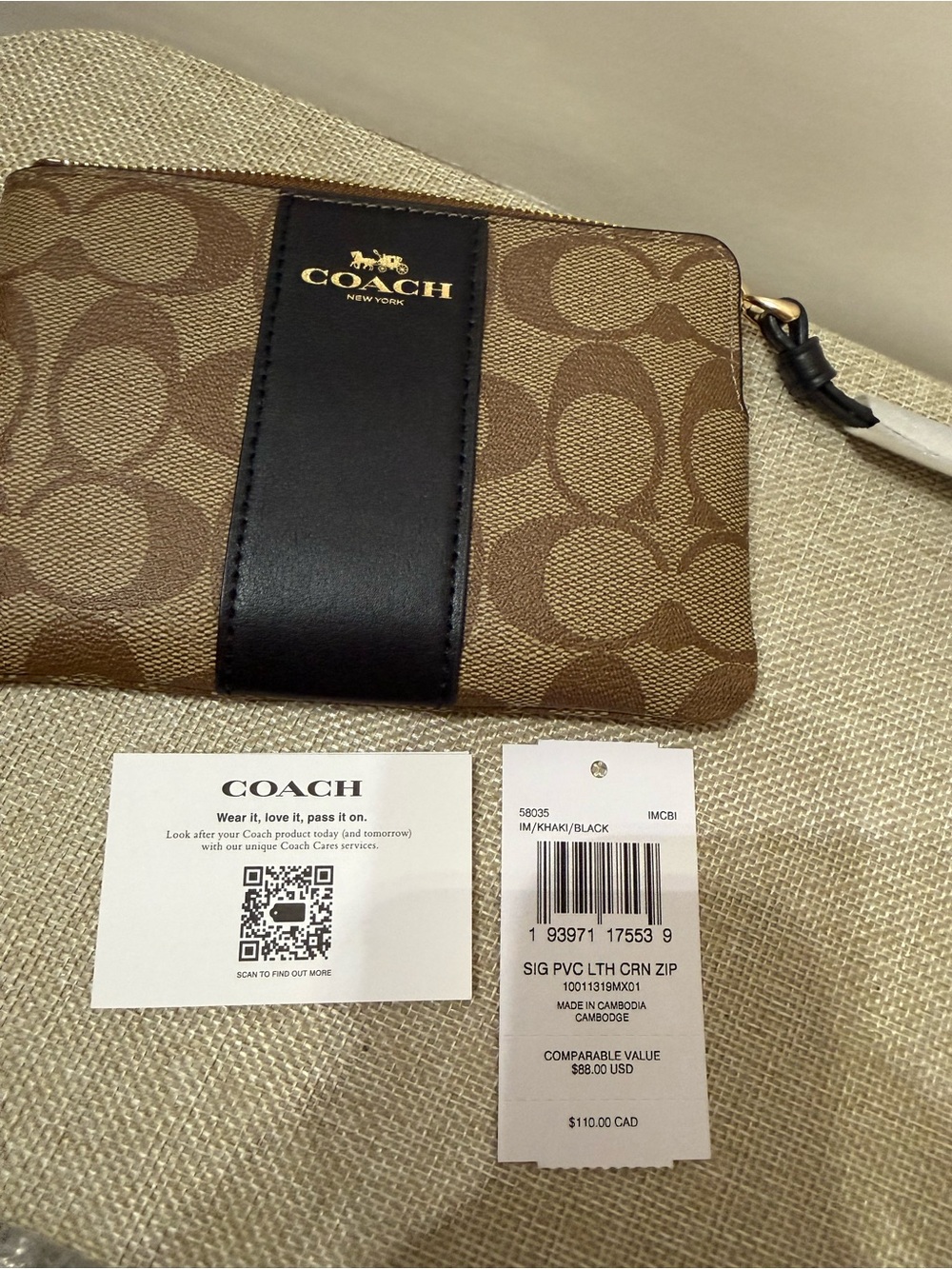 Coach Brown Signature Canvas Card Holder with Black Leather Stripe